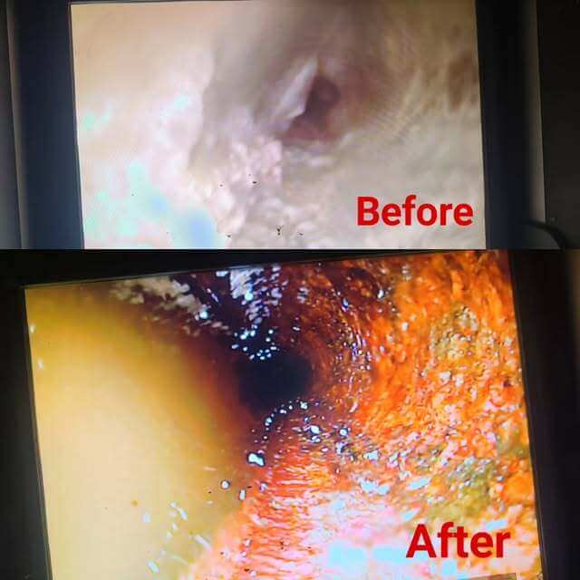 Split-screen view of a pipe interior, showing 'Before' and 'After' cleaning. The top image shows a clogged, dirty pipe, while the bottom image shows the same pipe clean and clear.
