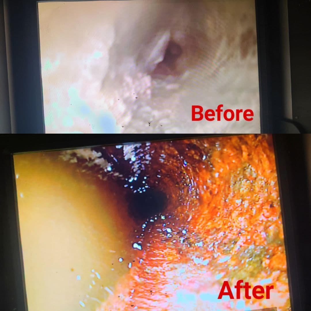 Drain pipe before and after professional cleaning