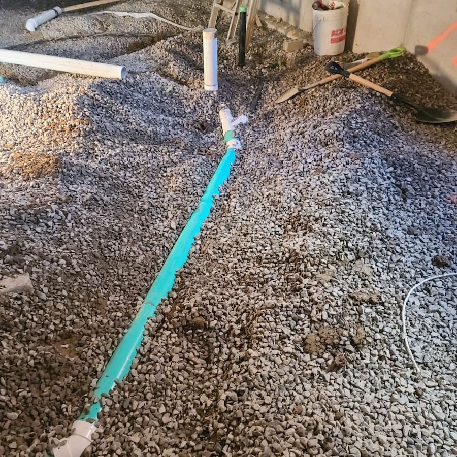 A construction site floor is covered with gravel, with a partially installed green PVC pipe running through the center. Several white vertical PVC pipes extend from the gravel in different spots. In the background, a bucket, a shovel, and a small pickaxe rest on the gravel. Loose PVC pipe segments and tools are scattered around the area.