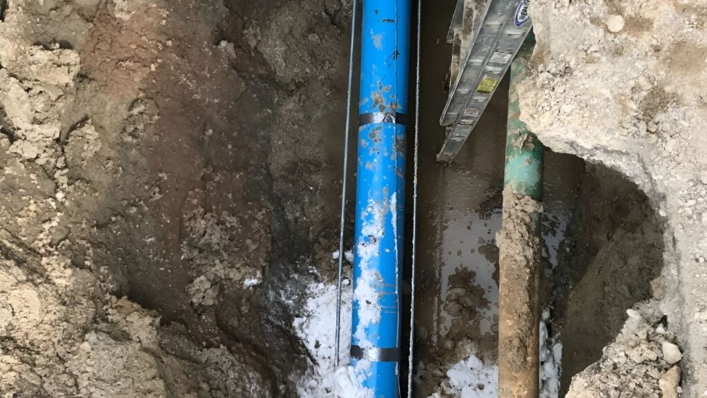Trench showing replacement of underground water main with new blue PVC pipe beside an older green pipe, surrounded by wet soil and a metal ladder.